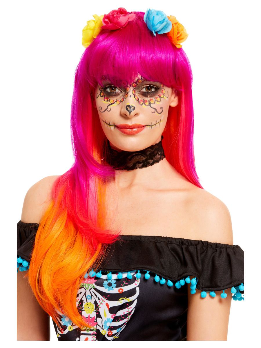 Deluxe Day of the Dead Wig -  Pink & Orange